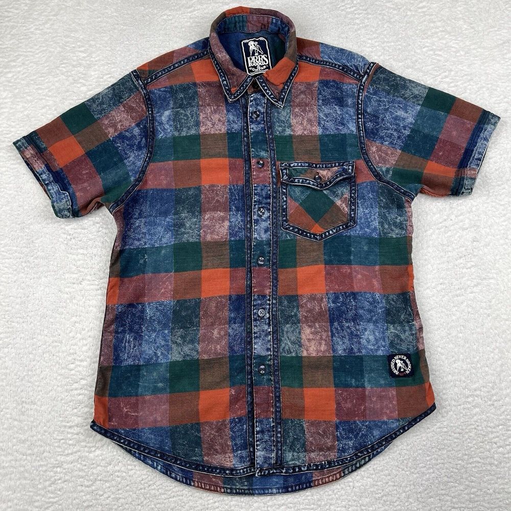 PRPS Shirt Mens Large Multicolor Rustic Plaid Flannel‎ Button Up Short Sleeve